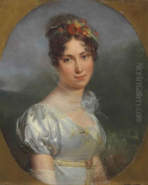 Portrait Of A Lady, Half-length, In A Silver Dress And With Flowers In Her Hair, A Landscape Beyond, In A Painted Oval - view 1