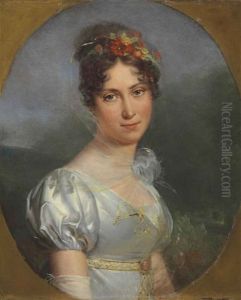 Portrait Of A Lady, Half-length, In A Silver Dress And With Flowers In Her Hair, A Landscape Beyond, In A Painted Oval