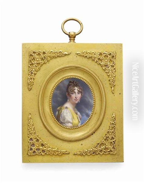 Hortense De Beauharnais (1783-1837), Queen Of Holland, In Yellow Dress Gathered At Shoulder With Diamond And Sapphire-set Brooch Over White Silk Dress... - view 1