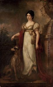 Portrait De Dame En Robe Blanche Avec Son Dogue Dans Un Paysage Portrait De Dame En Robe Blanche Avec Son Dogue Dans Un Paysage