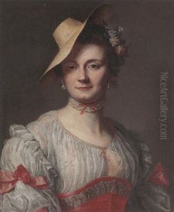Portrait Of A Lady In A White And Pink Dress, Wearing A Pearl Necklace And A Straw Hat