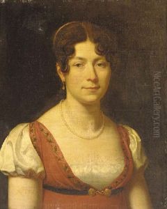 Portrait Of A Lady In A High Waisted Dress With White Sleeves, A Pearl Necklace And Earrings