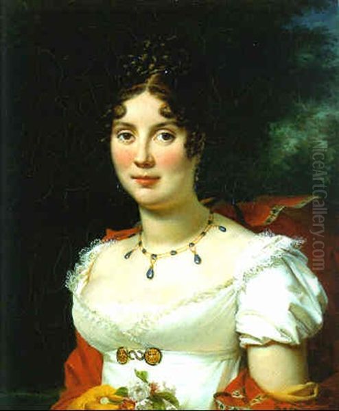 Portrait Of A Lady Holding A Posy Of Flowers Before A Landscape - view 1