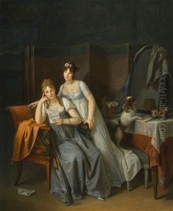 Two Ladies In An Interior Reading A Letter, With A Dog On A Bench Looking Into A Mirror by Marguerite Gerard