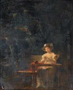 Jeune Femme Cousant Dans Un Jardin by Marguerite Gerard