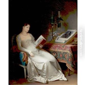 An Elegant Interior With A Lady Reading, A Lamp And Vase Of Flowers Together With A Lectern Resting On A Table Draped With A Tapestry