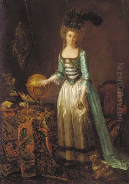 Portrait Of A Lady In A White And Blue Dress And A Plumed Hat, At A Draped Table - view 1