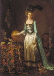 Portrait Of A Lady In A White And Blue Dress And A Plumed Hat, At A Draped Table by Marguerite Gerard