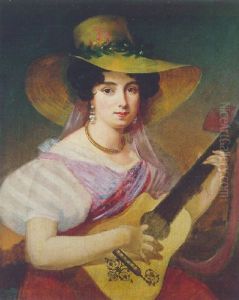 Portrait De Jeune Femme Jouant De La Guitare by Marguerite Gerard