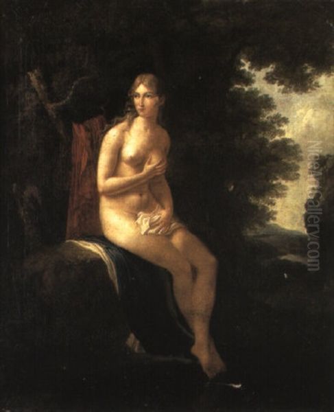 Femme Nue Assise Sur Un Rocher Au Bord D'une Riviere - view 1