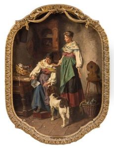 Two Figures And Dog With Seated Woman Reading by Theodore Gerard