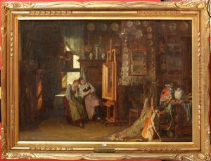 Deux Jeunes Filles Admirant Un Tableau Dans L"atelier De L"artiste by Theodore Gerard