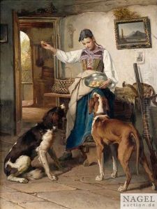 Im Eingang Eines Bauernhauses Futtert Ein Madchen Zwei Jagdhunde by Theodore Gerard