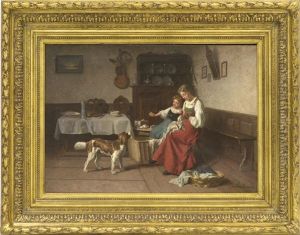 Landliche Idylle - Genreszenerie Einer Bauernstube Mit Zwei Stickenden Madchen Und Jagdhund Landliche Idylle - Genreszenerie Einer Bauernstube Mit Zwei Stickenden Madchen Und Jagdhund