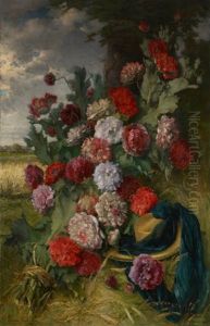 Composition Aux Pivoines Sur Fond De Paysage by Theodore Gerard