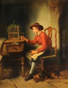 Junge Mit Hund Das Voglein Futternd Junge Mit Hund Das Voglein Futternd