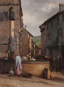 Mediterranean Village View With Figure Near A Water Basin by Theodore Gerard