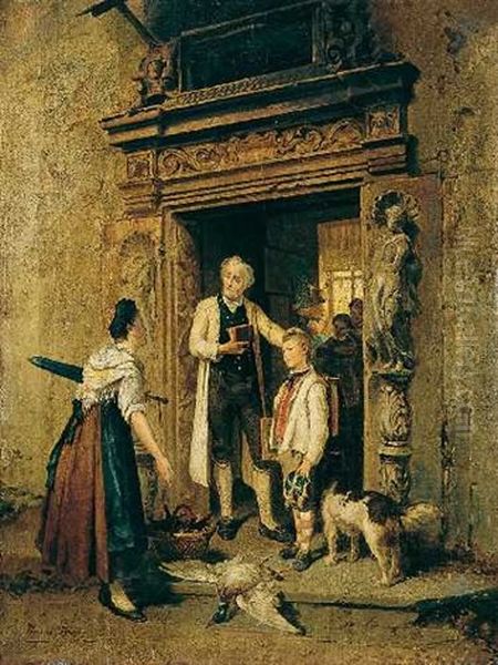 Lehrer Mit Einem Schuler Und Dessen Mutter Vor Dem Klassenzimmer - view 1