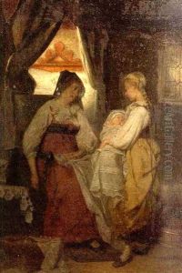 Interior Scene With Woman And Girl Holding A Baby by Theodore Gerard
