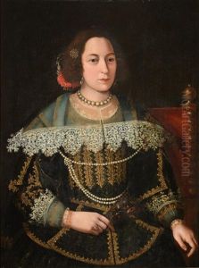 Portrait Of A Lady, Seated, Half Length, Wearing A Fine Lace Collar And Cuffs Over A Black Brocaded Dress Decorated With Gold Detailing, A Baroque Pearl Necklace And Earrings, Holding A Fan