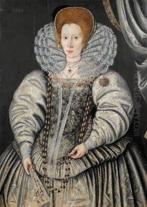 Portrait Of A Lady, Traditionally Identified As Elizabeth Throckmorton, Three-quarter-length, In A Gold And White Embroidered Dress With A Lace Collar