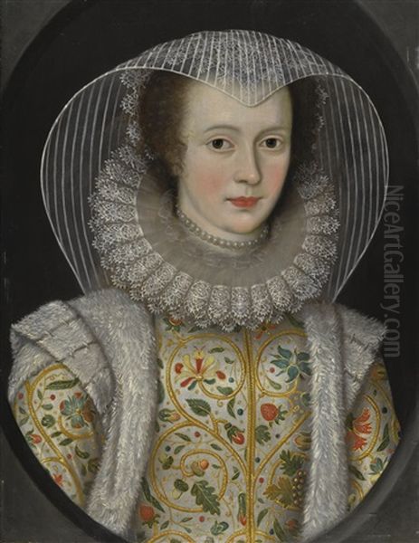 Portrait Of Frances, Lady Dering (1577-1657), Wearing A White Dress Richly Embroidered With Strawberries And Acorns - view 1