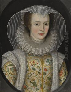 Portrait Of Frances, Lady Dering (1577-1657), Wearing A White Dress Richly Embroidered With Strawberries And Acorns