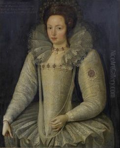 Portrait Of Ellen Maurice, Three-quarter-length, In A White Lace Ruff And White Dress Embellished With Pearls by Marcus Gerards the Younger