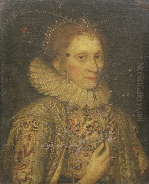 Portrait Of A Lady, Bust-length, In An Elaborately Embroidered Dress And A Bejewelled Head Dress, Holding A Double Strand Of Pearls - view 1