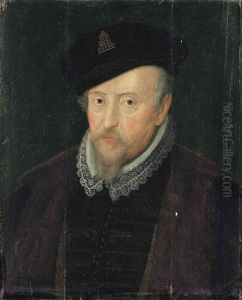 Portrait Of A Gentleman, Half-length, In A Black Slashed Doublet, A Lace Collar, A Fur-lined Jacket And A Black Hat With A Jewel by Marcus Gerards the Younger