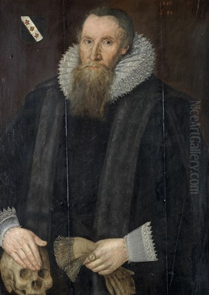 Portrait Of A Gentleman, Said To Be A Member Of The Dyntreg Family, Half-length, In A Fur-trimmed Black Coat, His Hand Resting On A Skull - view 1