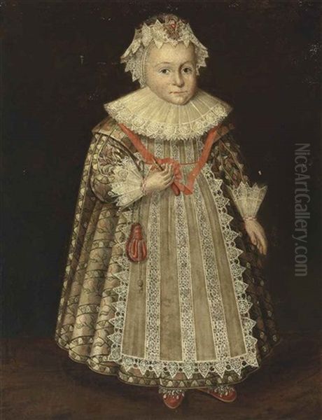 Portrait Of Anne Fisher (1585-1660), Full-length, In A Richly Embroidered White Dress With Flower Ornaments, Lace Cuffs And A Ruff, Wearing A Jewelled Lace Bonnet - view 1