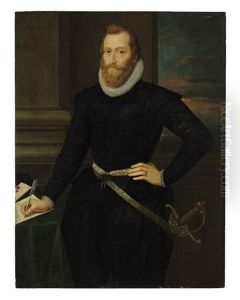 Portrait Of A Gentleman, Formerly Identified As Sir Walter Raleigh, In Black Standing By A Table