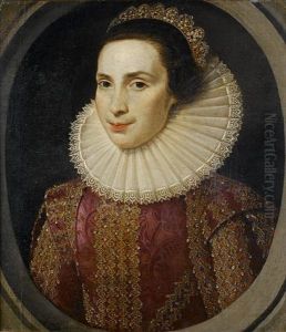 Portrait Of A Lady, Bust-length, In A Crimson Embroidered Dress With A White Lace Ruff And A Jewelled Headdress