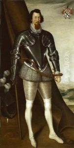 Portrait Of Sir John Needham, In Half-armour With A Grey Doublet And Hose, A Sword On His Left by Marcus Gerards the Younger