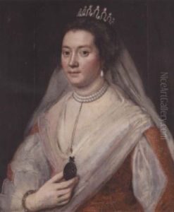 Portrait Of Diana, Countess Of Oxford, In A Red Embroidered Dress With Slashed Sleeves, A White Headdress And A Pearl Choker, Holding A Monogrammed Locket