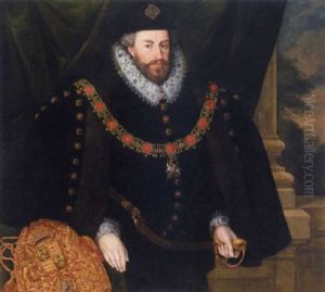 Portrait Of Sir Christopher Hatton Wearing The Garter Chain, And A Fur Lined Coat, His Bag Of Office To The Left by Marcus Gerards the Younger