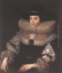 Portrait Of A Lady Wearing A Black Dress With White Lace Ruff And A Black Hat, Wearing Pearl Bracelets