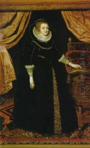 Portrait Of A Lady, Full Length Standing, Wearing A Black Dress With White Lace Ruff And Cuffs, A Chair To Her Right