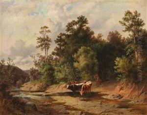 Kuhe An Der Furt Mit Hirtin by August Gerasch