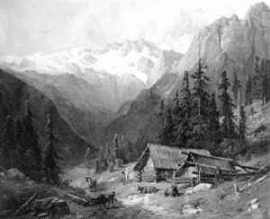 Osterreichische Gebirgswelt Mit Almhutte Und Blick Auf Schneebedeckte Bergspitzen