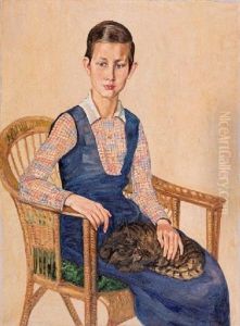 Madchen Mit Katze Im Korbstuhl