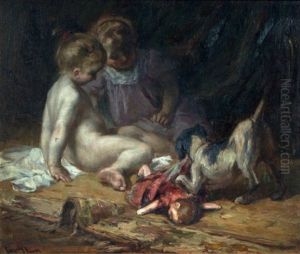 Fillettes Jouant Avec Un Chien Et Une Poupee