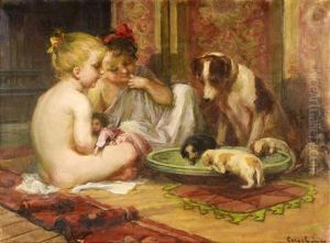 Children With Puppies. Two Girls Playing With A Doll And Watching With Interest A Group Of Puppies Refreshing Themselves by Imre Gergely