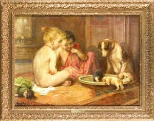 Interieur Mit Kindern Und Hunden Um Eine Wasserschale by Imre Gergely