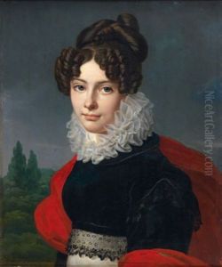 Portrait De Jeune Fille Au Chale Rouge Devant Un Paysage by Theodore Gericault
