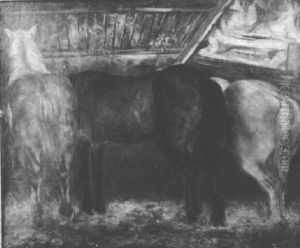 Horses In A Barn Interior by Theodore Gericault
