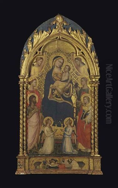 Madone A L'enfant Avec Saint Jean-baptiste Et Sainte Catherine D'alexandrie (?), Saint Laurent Et Sainte Lucie, Entoures D'anges. Mise Au Tombeau Formant Predelle - view 1