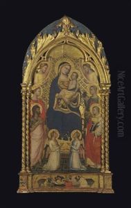 Madone A L'enfant Avec Saint Jean-baptiste Et Sainte Catherine D'alexandrie (?), Saint Laurent Et Sainte Lucie, Entoures D'anges. Mise Au Tombeau Formant Predelle by Niccolo di Pietro Gerini