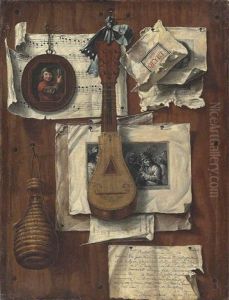 A Trompe L'oeil Of Prints, Sheet Music, A Hand-written Recipe, A Page Of Arithmetic, A Miniature, A Cittern And A Wicker Flask Pinned To Planks Of Wood by Bernardo German Llorente